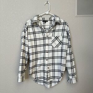 Brandy Melville White & Gray Plaid Flannel Button Down